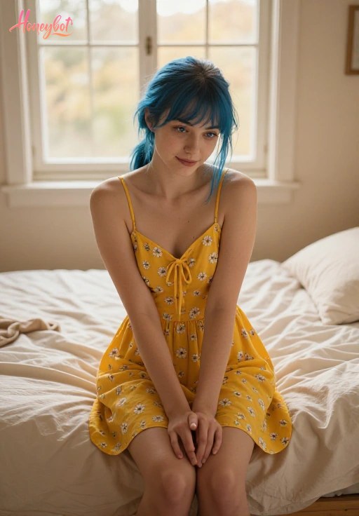 blue hair, blue eyes, 22 years old. "Woman sitting on edge of bed, wearing a bright yellow sundress with white flowers, her hair tied in a loose ponytail. She's without makeup, he…