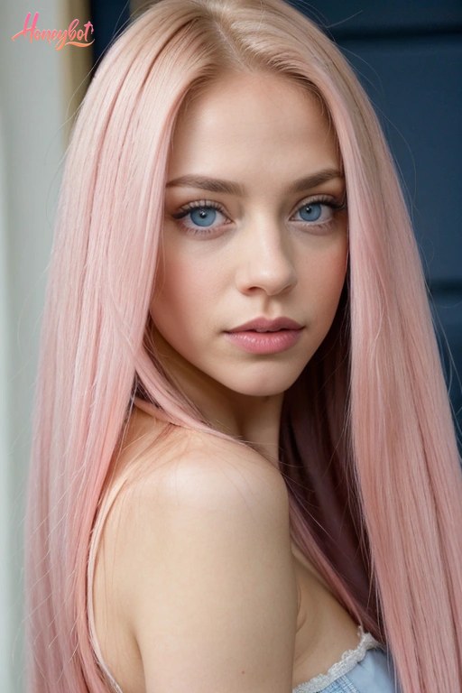 A woman with long, straight pink hair and blue eyes is shown from the shoulders up. She is wearing a light-colored top with lace trim on the straps. Her face is visible, and she i…