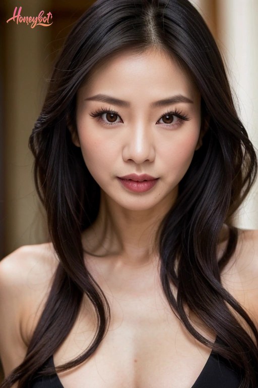 A woman with long, wavy black hair is shown from the shoulders up. She is wearing a black top that exposes her collarbones and upper chest. Her face is visible, showing brown eyes…