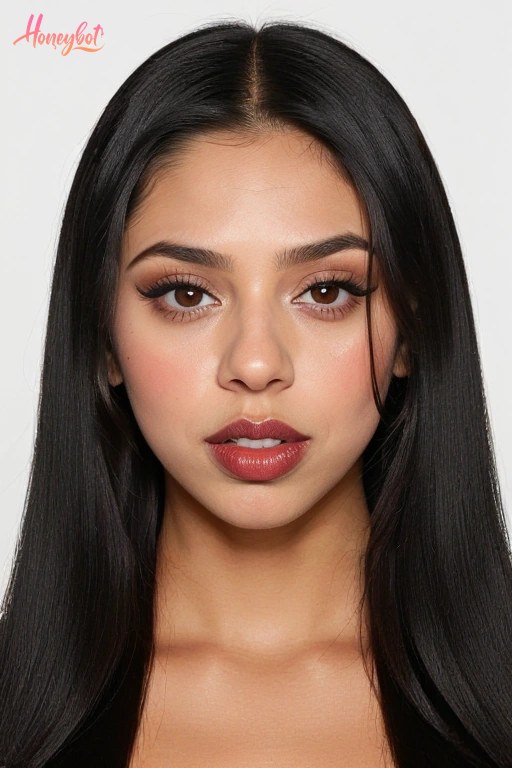 A woman with long black hair, brown eyes, and red lipstick is shown from the chest up. Her face is centered in the frame, looking directly at the camera with a neutral expression.…