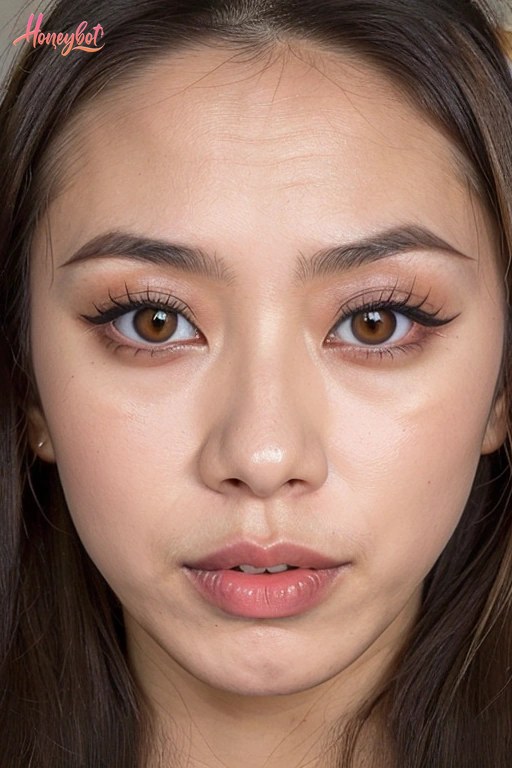 The image shows a woman's face in a close-up shot. She has brown eyes, long eyelashes, defined eyebrows, and light pink lips. Her hair is dark brown and partially visible around h…