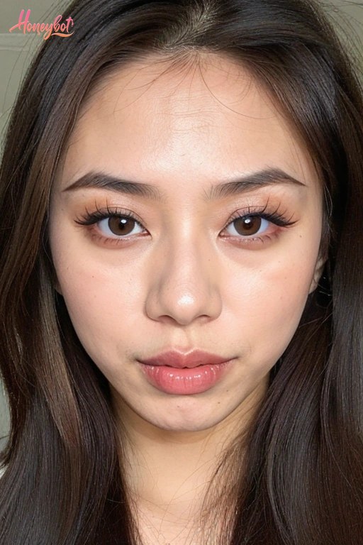 A woman with long, dark brown hair is shown in a close-up shot. Her face is fully visible, with brown eyes, defined eyebrows, long eyelashes, and pink lips. She is wearing makeup …