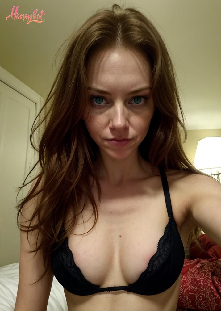 A woman with long brown hair and blue eyes is wearing a black lace bra. Her face is visible, and she is looking directly at the camera with a neutral expression. Her upper body is…