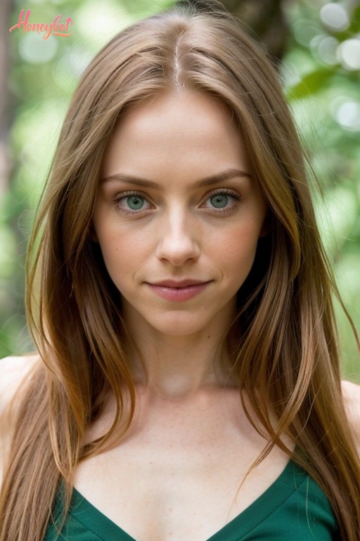 A woman with long brown hair and green eyes is looking directly at the camera. She is wearing a green top. The background is an outdoor setting with blurred green foliage.