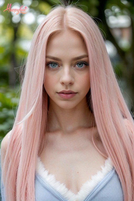 A woman with long, straight pink hair and blue eyes is shown from the chest up. She is wearing a light blue top with a white fuzzy trim around the neckline. Her face is visible, a…