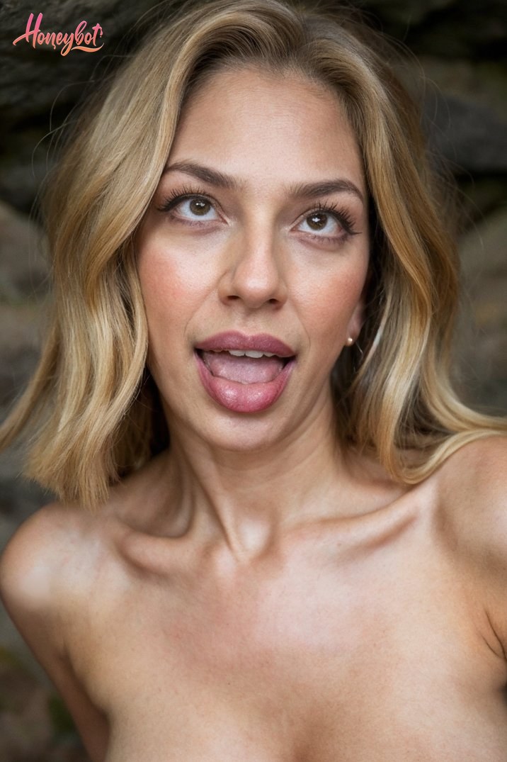 The woman in the picture has shoulder-length blonde hair styled in loose waves. She appears to be outdoors, with a natural background that includes rocks and foliage. Her expressi…