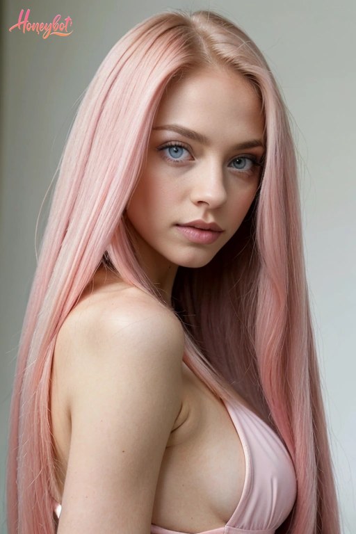 A woman with long pink hair and blue eyes is shown from the shoulders up. She is wearing a pink topless outfit. Her face is visible, and she is looking directly at the camera with…