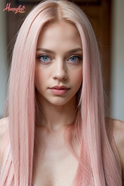 A woman with long, straight pink hair and blue eyes is shown from the shoulders up. She is looking directly at the camera with a neutral expression. Her face is fully visible, and…