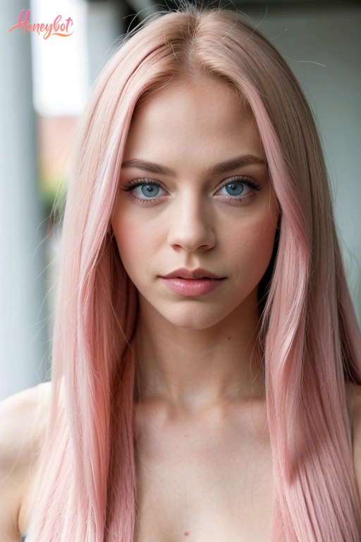 A woman with long, straight pink hair and blue eyes is shown from the shoulders up. She is looking directly at the camera with a neutral expression. Her face is fully visible, and…