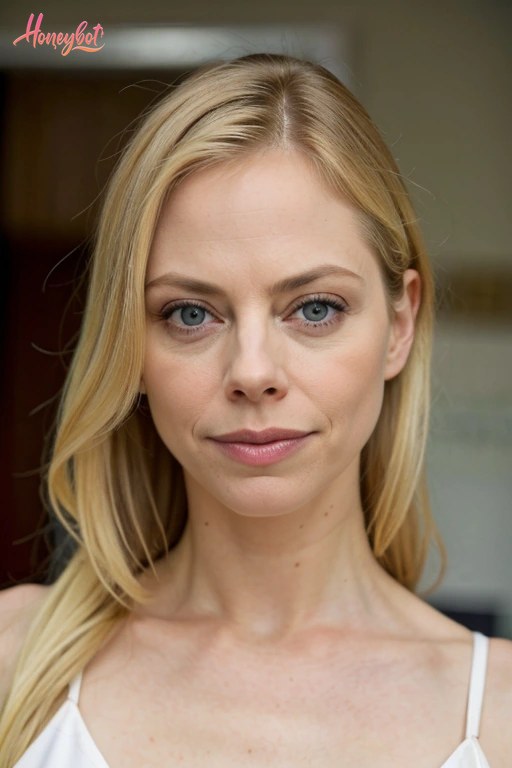 A woman with blonde, shoulder-length hair and blue eyes is shown from the shoulders up. She is wearing a white top with thin straps. Her face is visible, showing a neutral express…