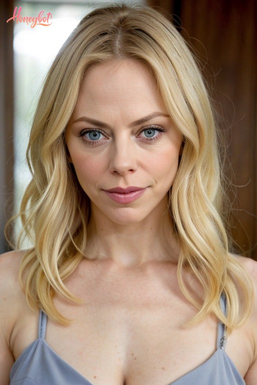 A woman with blonde, wavy, shoulder-length hair and blue eyes is shown from the chest up. She is wearing a gray spaghetti strap top. Her face is visible, and she is looking direct…