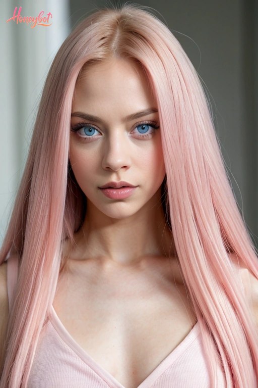 A woman with long, straight pink hair and blue eyes is shown from the chest up. She is wearing a light pink top with thin straps and a V-neckline. Her face is visible, and she is …