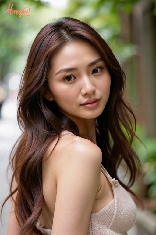 A woman with long, wavy brown hair is shown from the shoulders up. She is wearing a light-colored, thin-strapped top. Her face is turned slightly to the side as she looks toward t…
