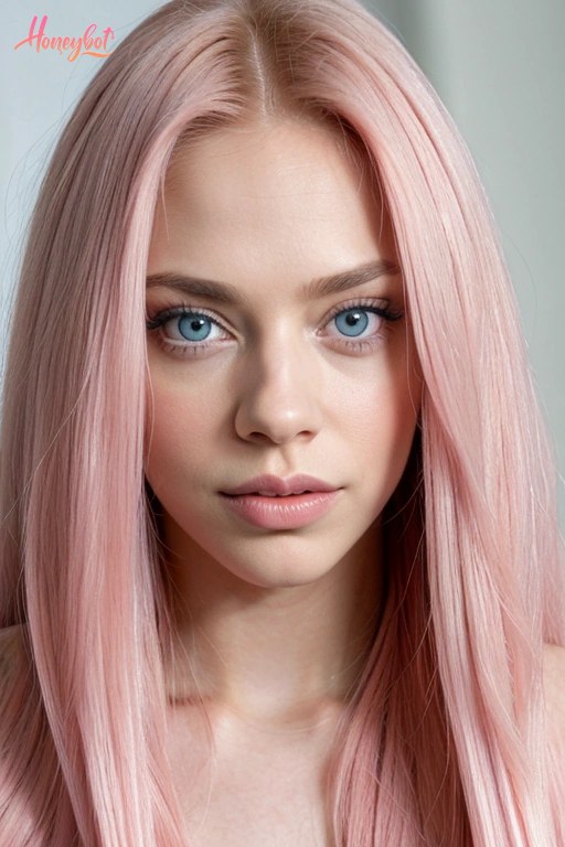A woman with long, straight pink hair and blue eyes is shown in a close-up shot. She is looking directly at the camera with a neutral facial expression. Her face, neck, and upper …