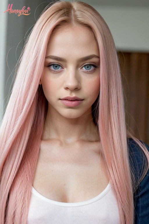 A woman with long, straight pink hair and blue eyes is shown from the chest up. She is wearing a white tank top and has a neutral facial expression while looking directly at the c…