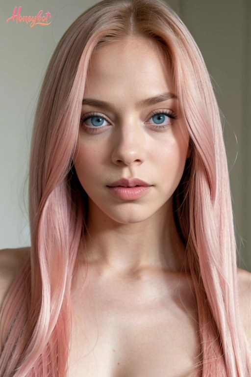 A woman with long, straight pink hair and blue eyes is shown from the shoulders up. Her face is visible, and she is looking directly at the camera with a neutral expression. Her s…