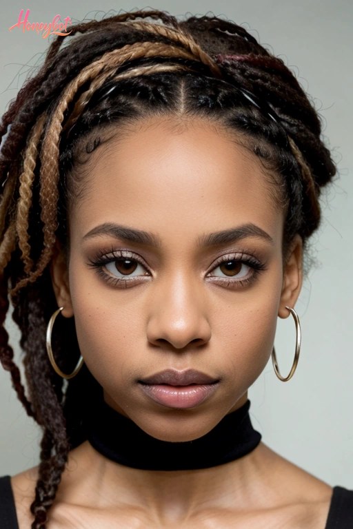 A woman with dark skin and braided hair featuring brown and blonde tones is shown from the chest up. She wears large gold hoop earrings and a black top with a high neckline. Her f…