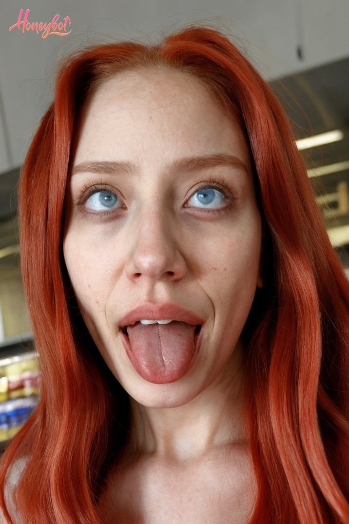A woman with long red hair and blue eyes is looking directly at the camera with her tongue sticking out. Her face is fully visible, showing freckles and a neutral expression. Her …
