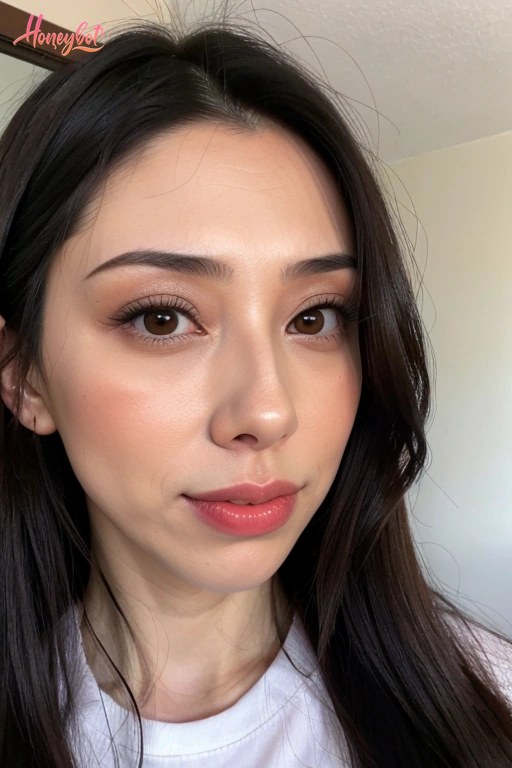 A woman with long black hair, brown eyes, and makeup is looking at the camera. She is wearing a white t-shirt. Her face is visible, showing her eyes, nose, lips, and part of her n…