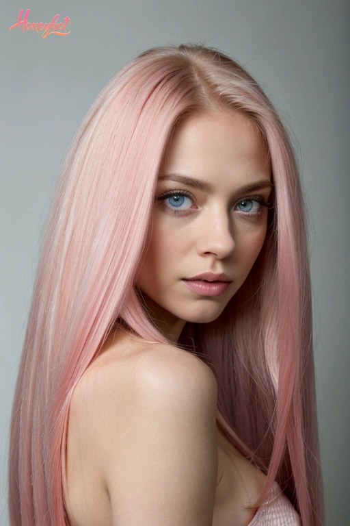 A woman with long, straight pink hair and blue eyes is shown from the shoulders up. She is looking directly at the camera with a neutral expression. Her shoulders and upper chest …