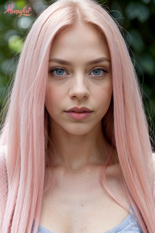 A woman with long, straight pink hair and blue eyes is shown from the chest up. She is wearing a light blue top and a pink cardigan. Her face is visible, and she is looking direct…