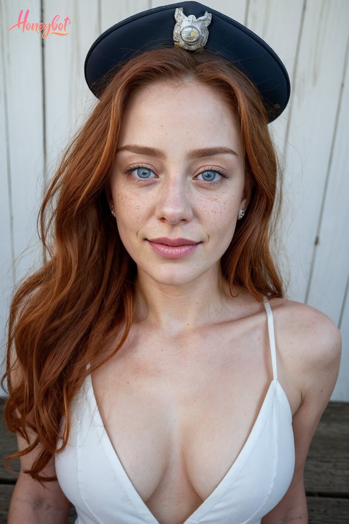 A woman with long, wavy red hair and blue eyes is looking directly at the camera with a slight smile. She has freckles on her face and is wearing small earrings. She is wearing a …