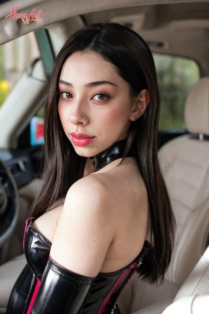 A woman with long black hair is sitting in the driver's seat of a car. She is wearing a black latex outfit with pink accents, including a choker and thigh-high boots. Her top is s…