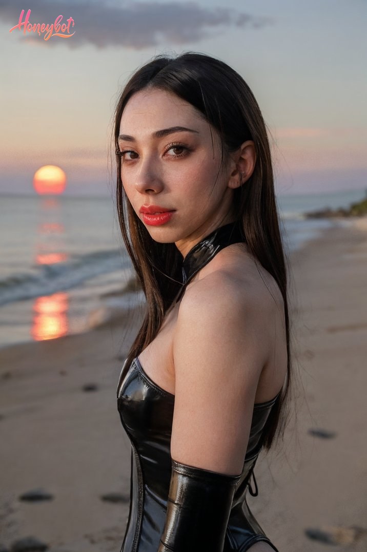 A woman with long black hair and red lipstick is standing on a sandy beach. She is wearing a black latex corset and matching arm cuffs. Her face is turned toward the camera with a…