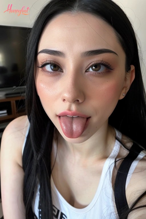 A woman with long black hair and defined eyebrows sticks her tongue out. She is wearing a white tank top with black straps. Her face is visible, showing makeup including eyeliner …