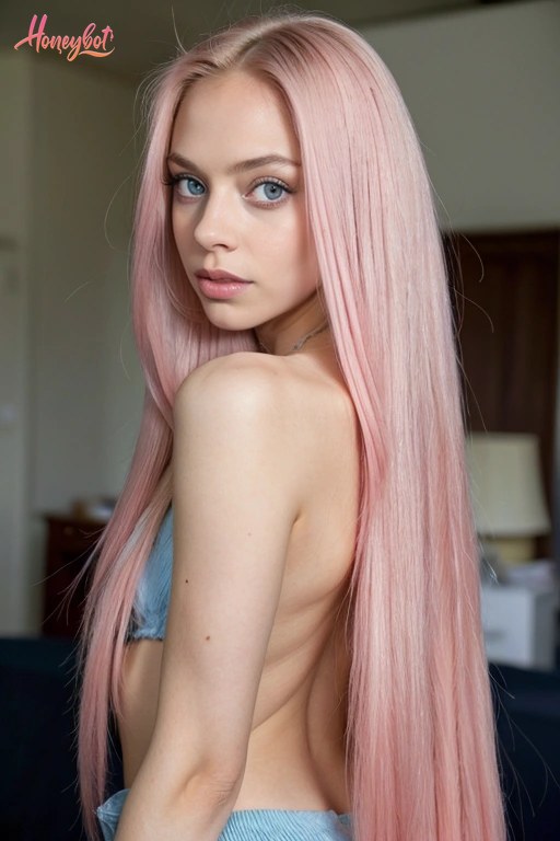 A woman with long, straight pink hair and blue eyes is shown from the back, turning her head to look over her shoulder at the camera. She has a fair complexion and is wearing a li…