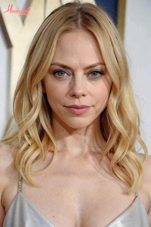 A woman with blonde, wavy, shoulder-length hair and blue eyes is shown from the chest up. She is wearing a silver spaghetti strap top. Her face is visible, showing a neutral expre…