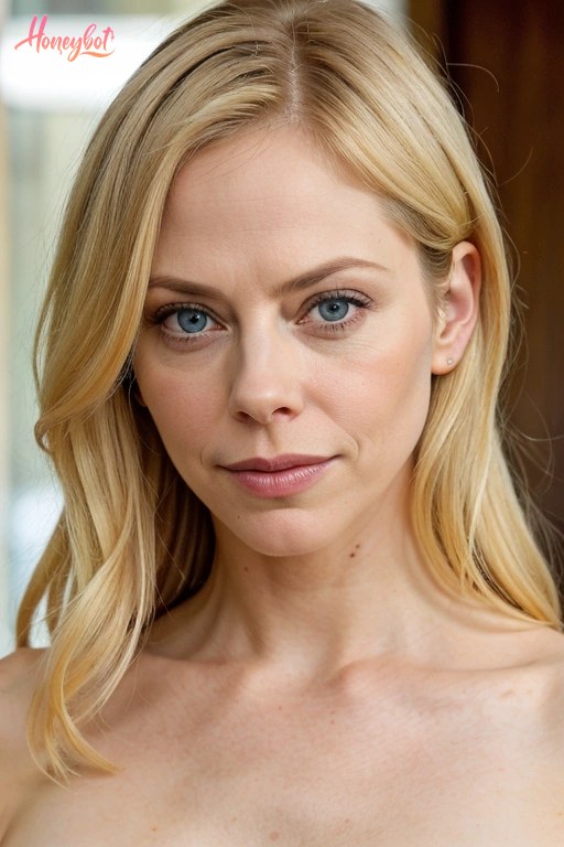 A woman with blonde, shoulder-length hair and blue eyes is shown from the shoulders up. She is looking directly at the camera with a neutral facial expression. Her face is visible…