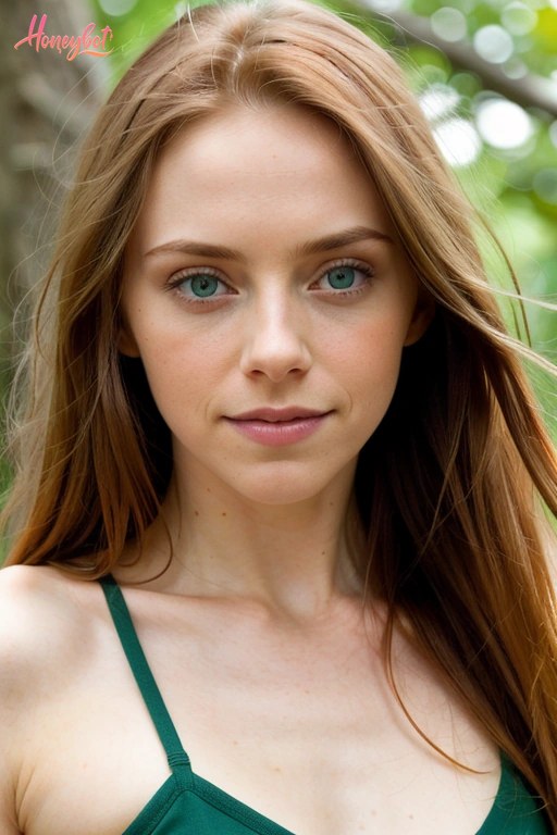 A young woman with long, straight, reddish-brown hair and bright green eyes is shown from the chest up. She is wearing a green spaghetti strap top. Her face is visible, showing a …