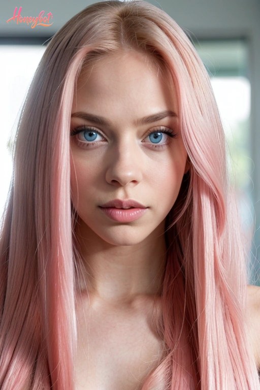 A woman with long, straight pink hair and blue eyes is shown from the chest up. She is looking directly at the camera with a neutral expression. Her face is fully visible, and her…