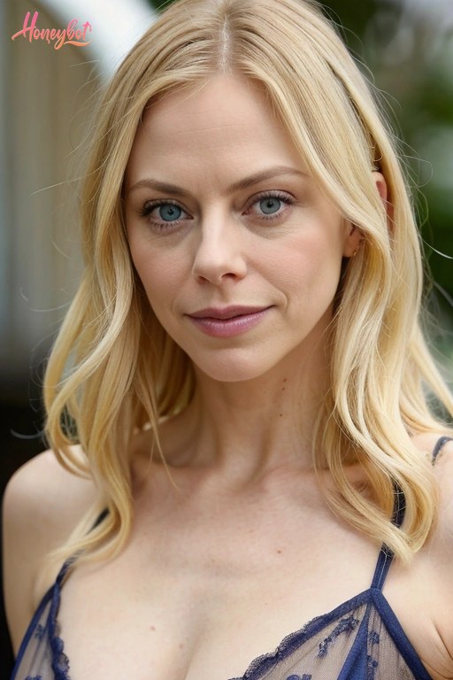 A woman with blonde, wavy hair and blue eyes is shown from the chest up. She is wearing a blue lace top with thin straps. Her face is visible, and she is looking directly at the c…