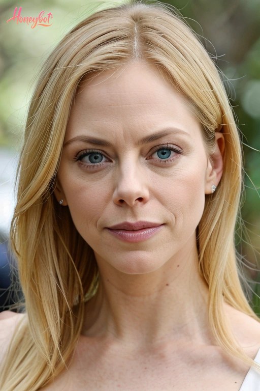 A woman with blonde, shoulder-length hair and blue eyes is shown from the shoulders up. She is wearing a white top and small stud earrings. Her face is visible, showing a neutral …
