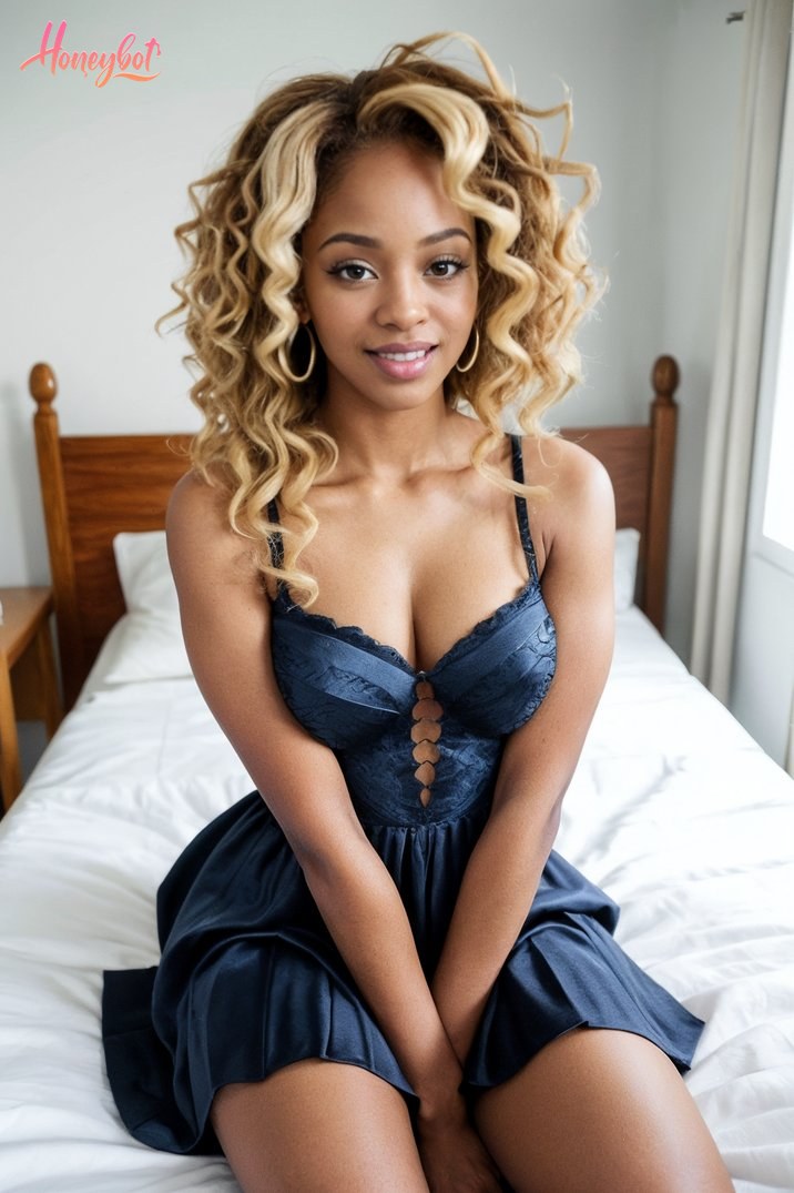 A woman with curly blonde hair and large hoop earrings is sitting on a bed with white sheets. She is wearing a dark blue dress with thin straps and a lace-up front. Her legs are v…