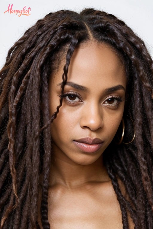 A woman with long, dark brown dreadlocks, wearing large gold hoop earrings, is shown from the chest up. Her face is visible, with her lips slightly parted and eyes looking directl…