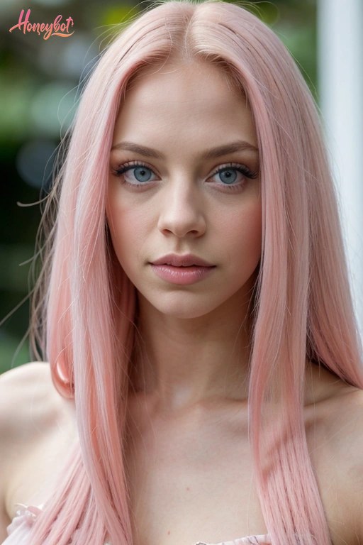 A woman with long pink hair and blue eyes is shown from the shoulders up. She is wearing a light-colored top with thin straps. Her face is visible, showing her eyes, nose, and lip…