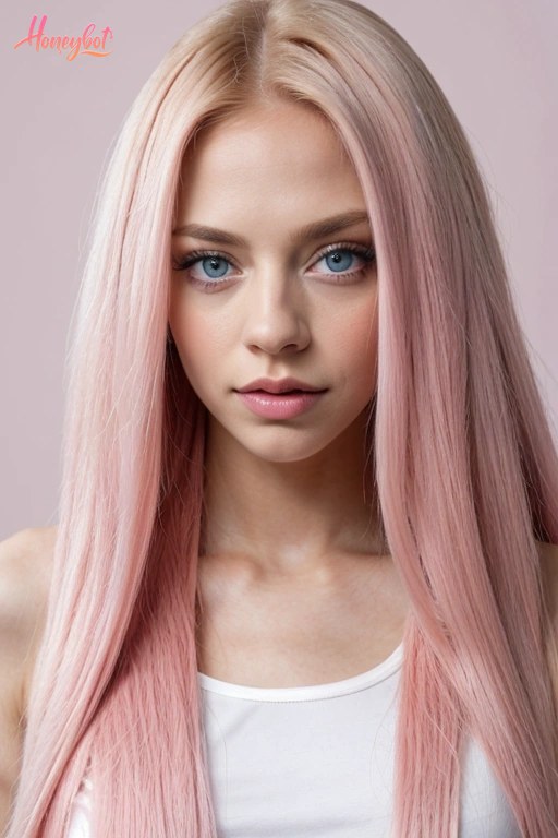 A woman with long, straight pink hair and blue eyes is shown from the chest up. She is wearing a white tank top and looking directly at the camera with a neutral expression. Her f…