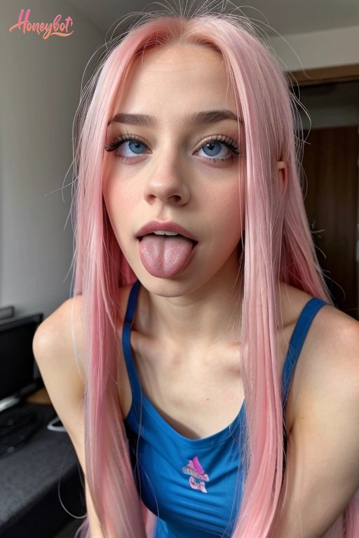 A young woman with long pink hair and blue eyes is facing the camera. She has her tongue sticking out of her mouth. She is wearing a blue tank top with a small pink graphic on the…