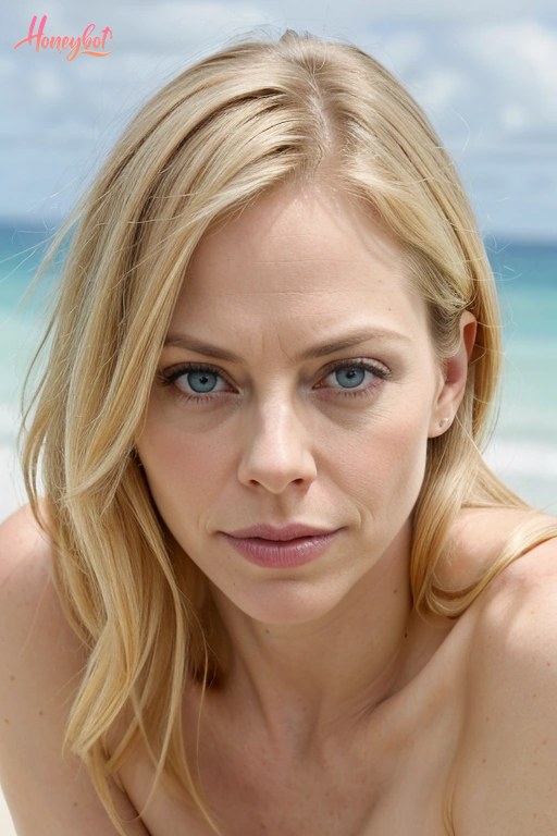 A blonde woman with blue eyes and long hair is shown from the shoulders up. She is topless, revealing her shoulders and upper chest. Her face is visible, with a neutral expression…