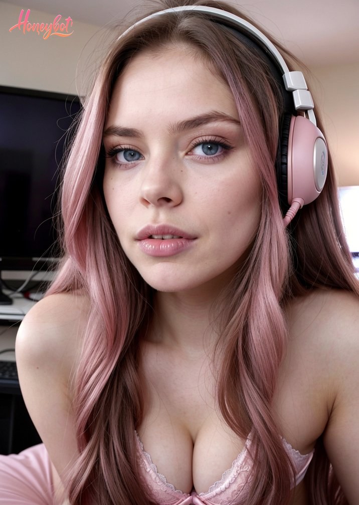 A young woman with long, wavy pink hair and blue eyes is shown from the chest up. She is wearing a pink lace bra and pink over-ear headphones. Her face is visible, and she is look…