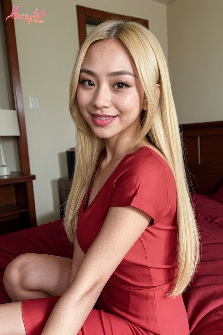 A woman with long blonde hair is sitting on a bed wearing a red dress. She is looking at the camera with a smile. Her face, arms, and legs are visible. She is not wearing any othe…