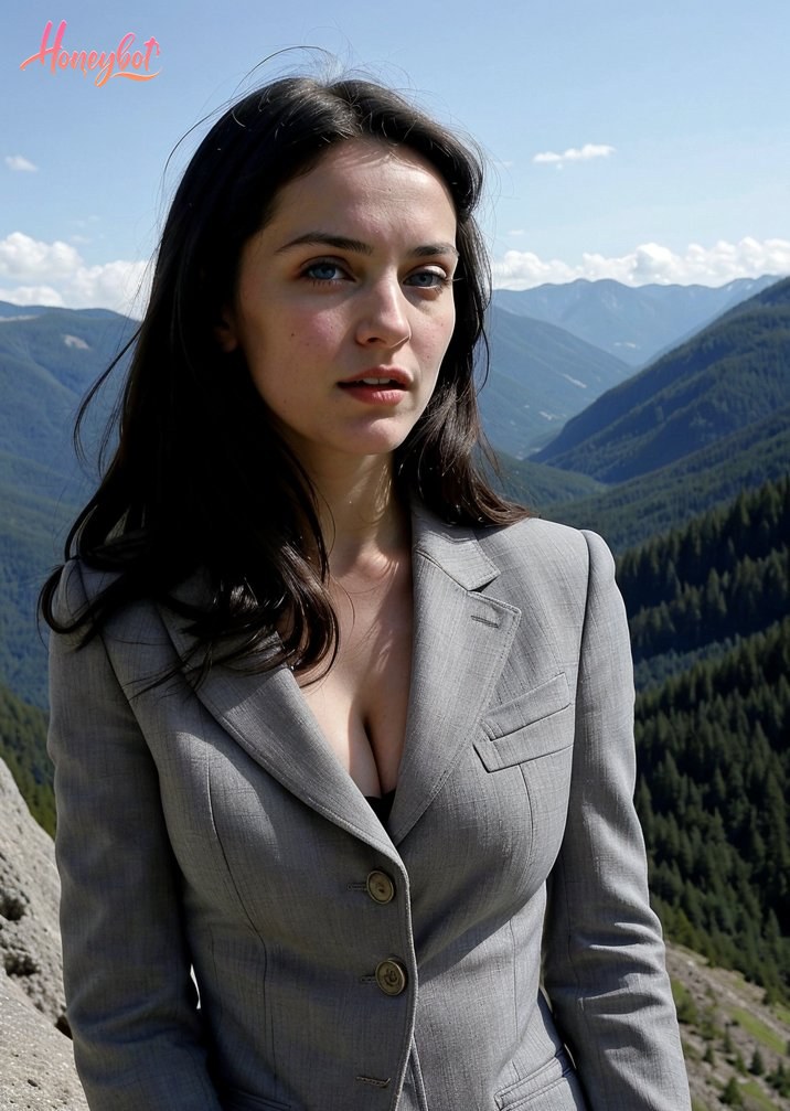 A woman with long black hair and blue eyes is standing outdoors. She is wearing a grey blazer with the top button undone, revealing her chest. Her face is visible, and she is look…