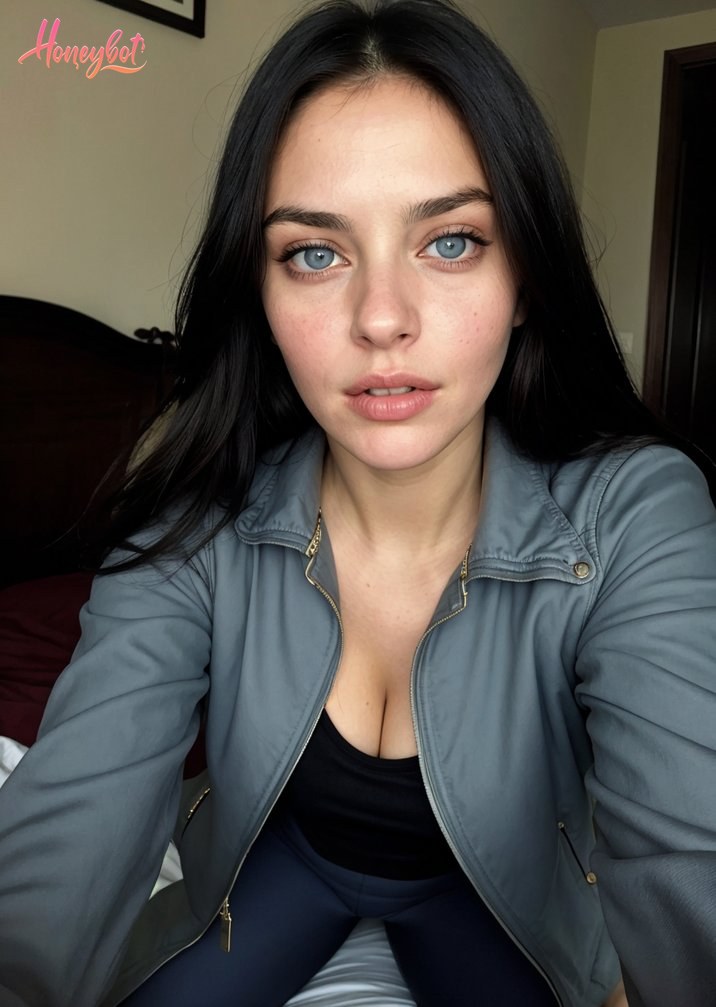 A woman with long black hair and blue eyes is seated, looking directly at the camera. She is wearing a grey zip-up jacket with gold zipper details, unzipped to reveal a black top …
