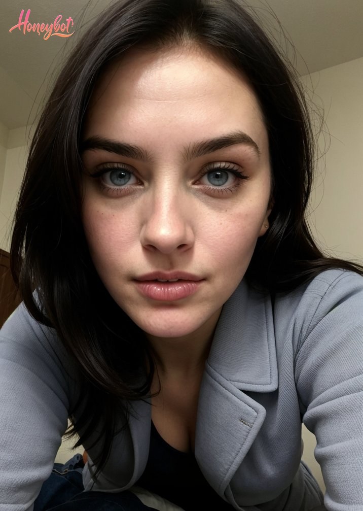 A woman with dark hair and blue eyes is looking directly at the camera. She is wearing a gray jacket over a black top. Her face is visible, showing her eyes, nose, and lips. No ot…
