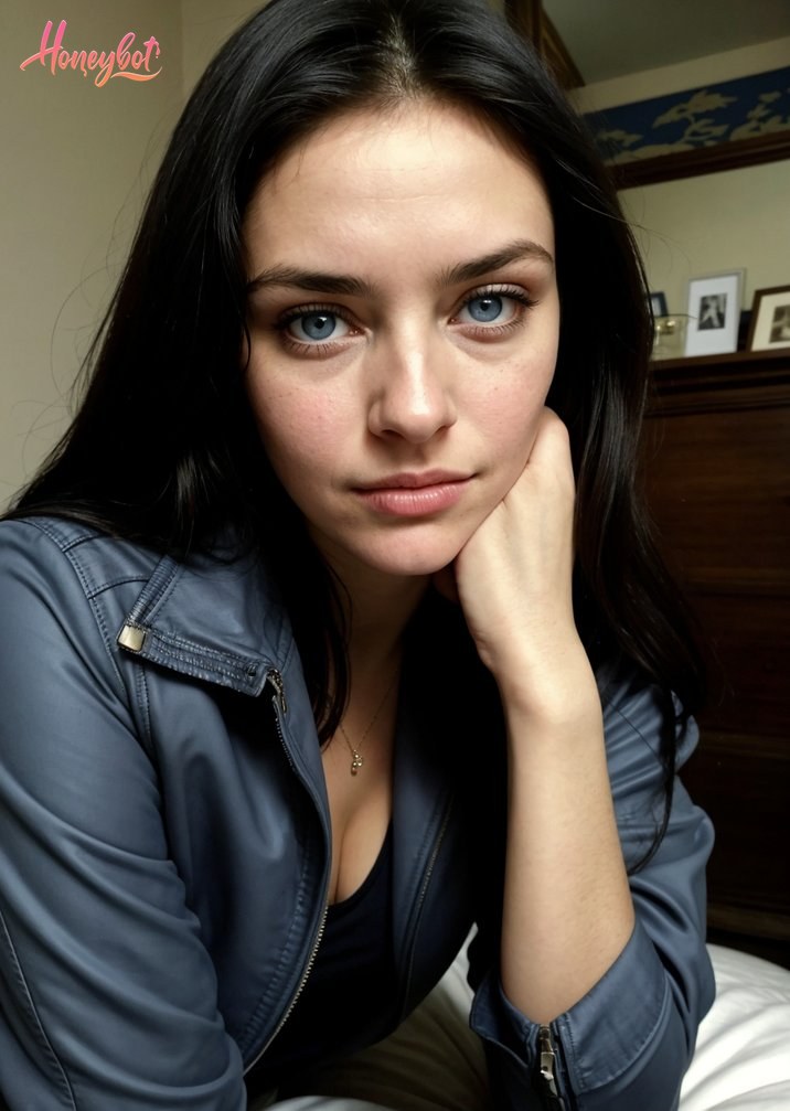 A woman with long black hair and blue eyes is looking directly at the camera. She is resting her chin on her right hand. She is wearing a blue jacket zipped partially open over a …