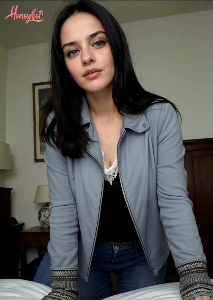 A woman with long black hair, blue eyes, and fair skin is sitting on a bed. She is wearing a grey zip-up jacket over a black top with white lace trim, blue jeans, and a necklace. …