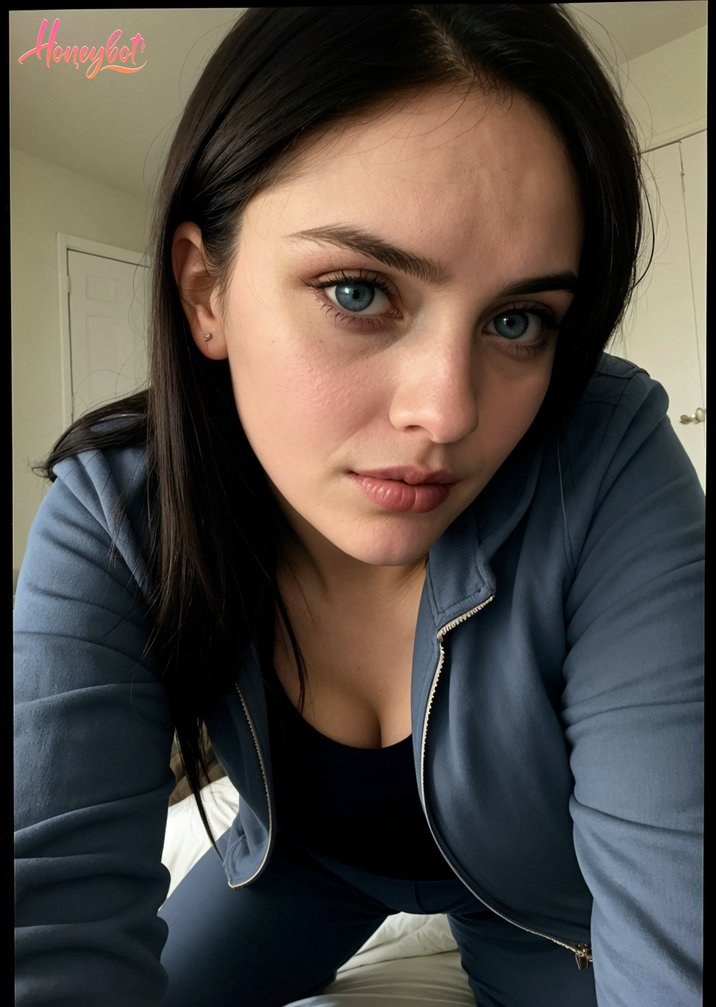 A woman with long dark hair and blue eyes is looking directly at the camera. She has a small earring in her left ear. She is wearing a blue zip-up jacket with a zipper detail, ove…